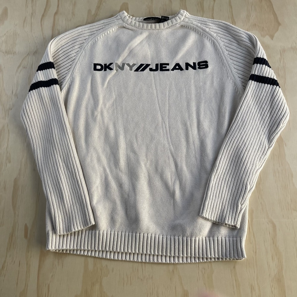 Vintage Y2K DKNY Jeans Sweater Mens XL White Stripe Crewneck Knit Pullover Japan